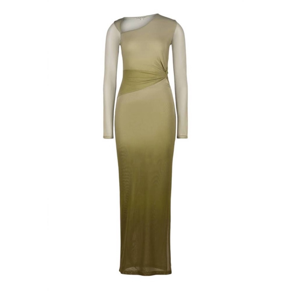 Saemdi Olive Green Gradient Mesh Long-Sleeve Dress